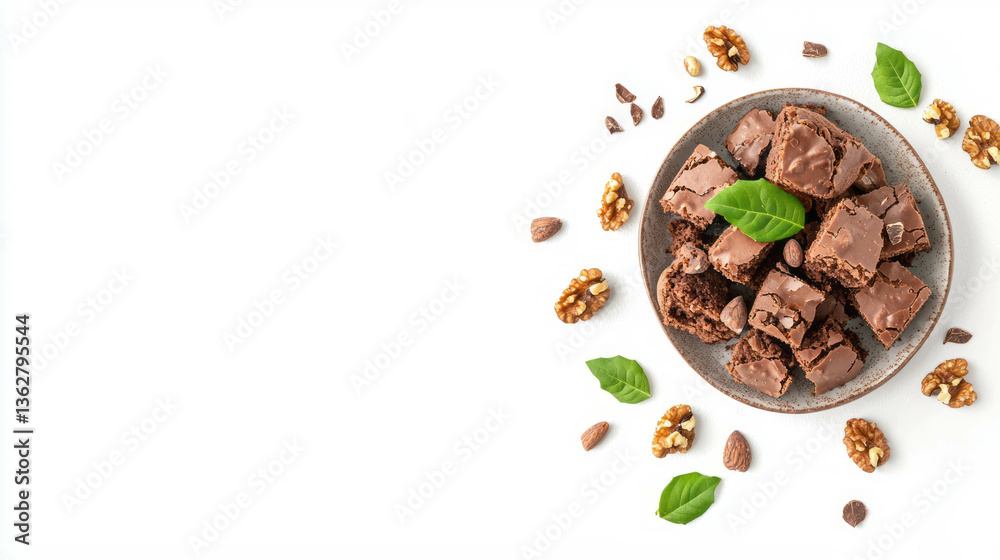 Poster delicious brownie pieces with cocoa beans and walnuts on a plate with green leaves
