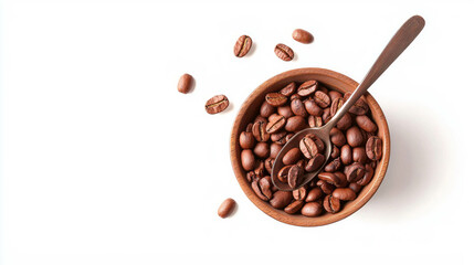 Fototapeta premium Realistic cocoa and coffee beans in wooden bowl on white background