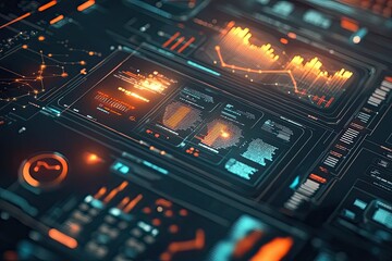 Futuristic Digital Interface with Glowing Data, Charts, and Abstract Circuitry Details