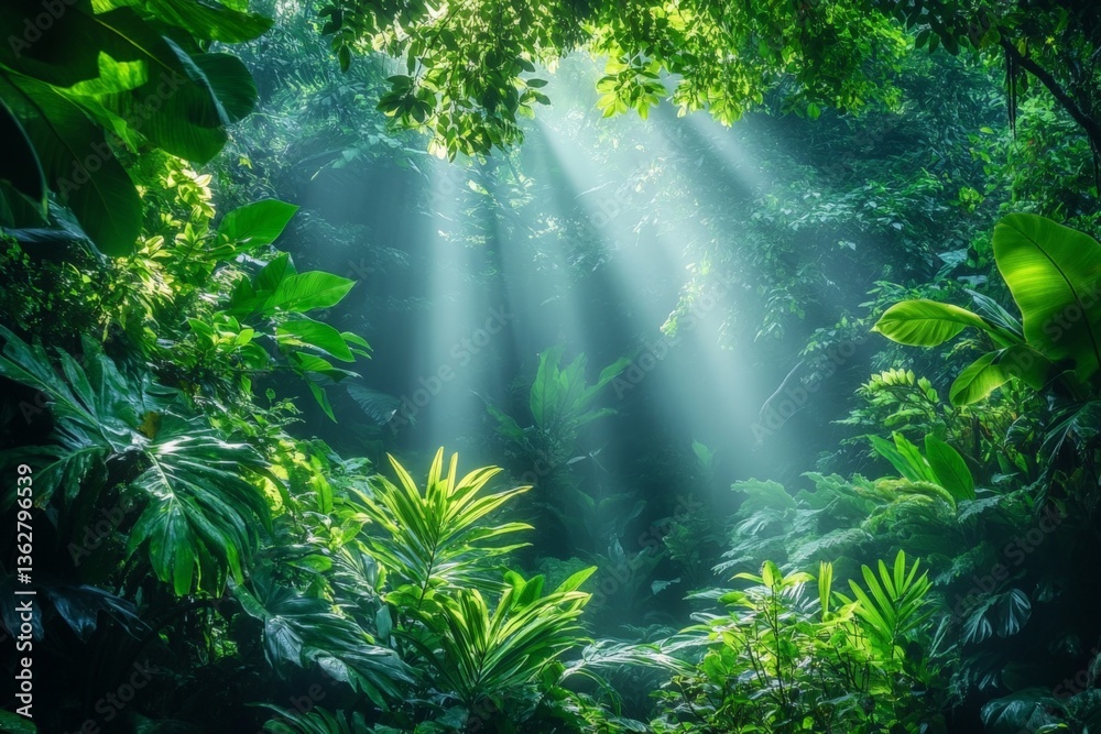 Aufkleber sunlight streaming through lush leaves in a dense jungle environment creating a tranquil atmosphere