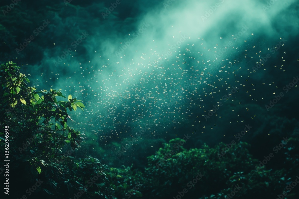 Aufkleber mist envelops forest with swarms of fireflies dancing in the twilight