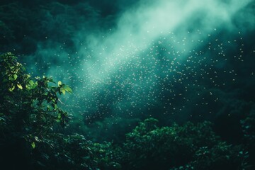 Mist envelops forest with swarms of fireflies dancing in the twilight
