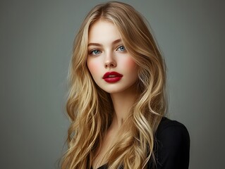 Fototapeta premium Model poses elegantly with long wavy hair and striking red lips in a studio setting during a fashion photoshoot
