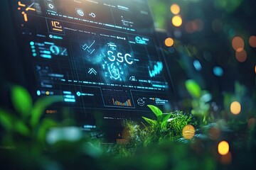 Futuristic Interface Display with Glowing Charts, Graphs, Data Overlaid on Lush Plants