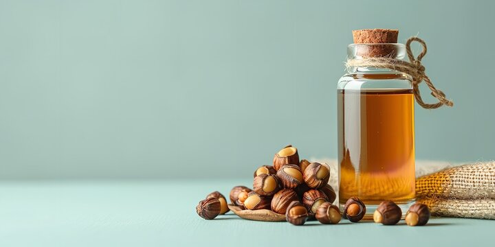 A&nbsp;pale&nbsp;green&nbsp;setting&nbsp;depicting&nbsp;fresh babassu&nbsp;nuts&nbsp;and petite bottle of babassu oil&nbsp;skincare for wellness lovely hue and space, Generative AI.