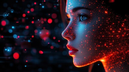 Digital Woman: A futuristic portrait of a woman's face illuminated with a network of glowing particles