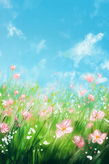 Fototapeta premium Watercolor spring blurred background with space for text with blue sky, green grass and pink flowers