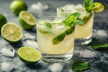 Fototapeta premium Refreshing cocktails with mint and lime on a cool stone surface during a summer gathering
