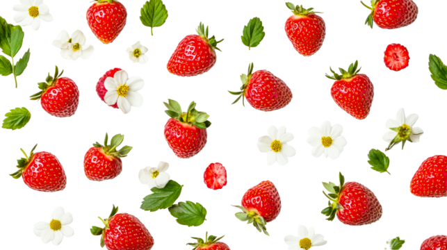 Fresh strawberries and white flowers arranged creatively on a surface