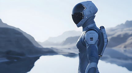 humanoid astronaut in an ultra-modern suit stands beside an alien lake, gazing into a futuristic, misty mountain landscape, evoking solitude and cosmic exploration. Copy space. technology, space