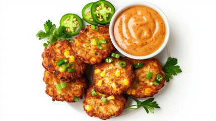 Delicious corn and jalapeno fritters with spicy dipping sauce on white background