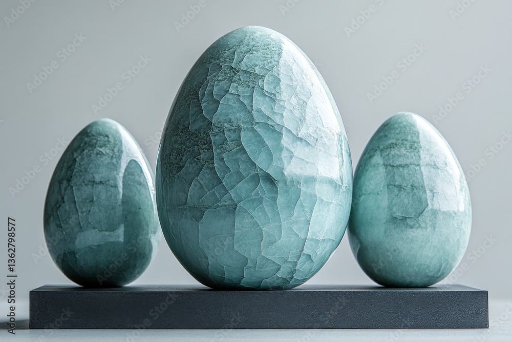 Poster Decorative jade eggs displayed on a sleek black stand in a minimalist setting