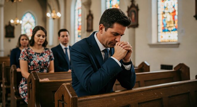 A man in a formal suit prays in a church, deeply engaged in spiritual reflection. Behind him, a group of people also participate in worship, creating a solemn and reverent atmosphere. 