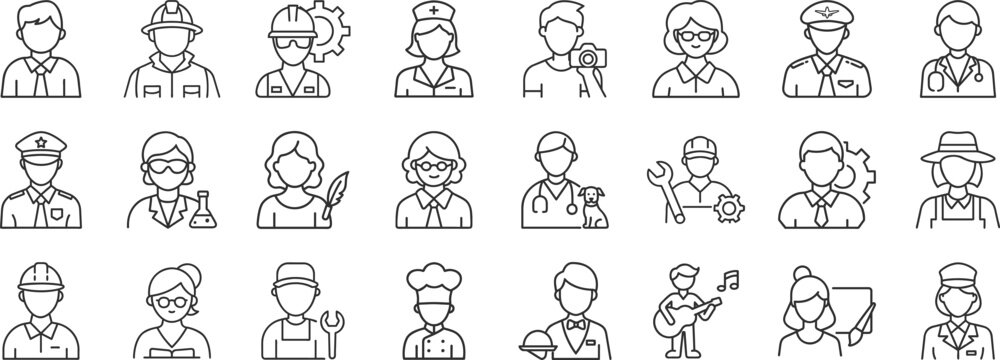 Profession line icon set. Vector pictograms of doctor, engineer, firefighter, teacher, scientist, lawyer, mechanic, artist job occupations thin linear illustration.