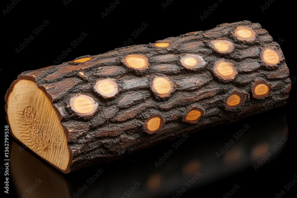 Poster Decorative log with natural bark texture and circular knots displayed against a dark background