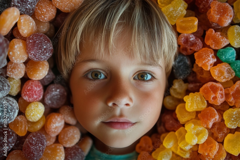 Poster child surrounded by colorful candies while exploring different sweets at a bright, candy-filled loca