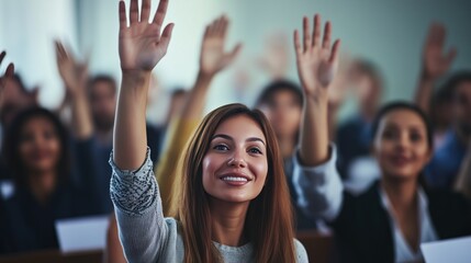 Employees voting on a decision with raised hands mid-range shot in a professional meeting space balanced perspective warm office lighting 