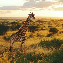 Obraz premium A tall giraffe stands gracefully in a sunlit African savanna landscape