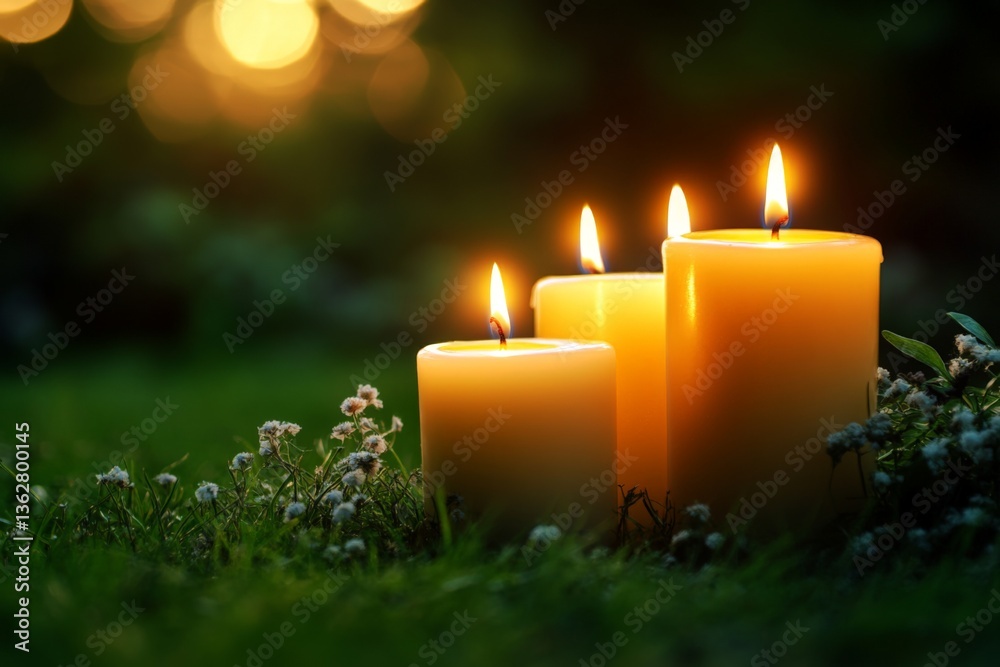Poster soft glow of candles illuminating a garden at dusk with flowers surrounding them in a serene setting
