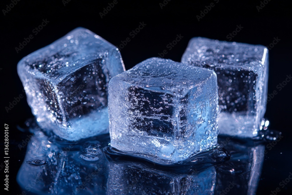 Poster Frozen ice cubes glisten on a reflective surface against a dark background creating a cool ambiance