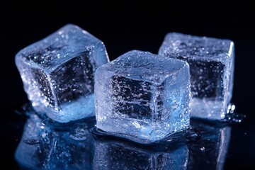 Obraz premium Frozen ice cubes glisten on a reflective surface against a dark background creating a cool ambiance