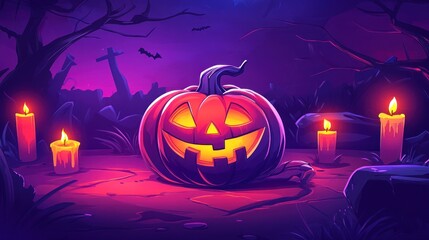 Jack-o'-lantern glowing in spooky graveyard at night.