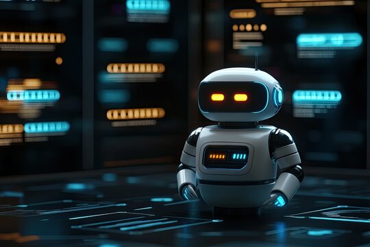 Futuristic White Robot Standing in Data Center with Glowing Orange Eyes & Blue Lights