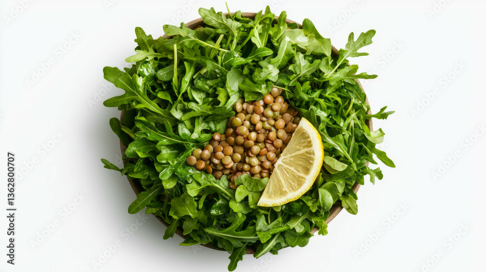 Poster Fresh cress salad with lentils and lemon slice on white background