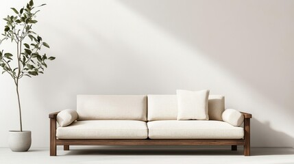 Japaneseinspired wooden sofa with Zen aesthetic, dark oak finish, soft neutral cushions, peaceful ambiance