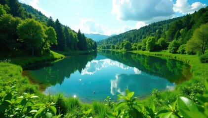 Fototapeta premium Circular lake surrounded by lush green vegetation, beauty, green, calm