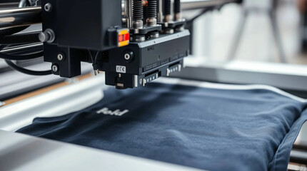 Modern printing machine with t-shirt at printshop