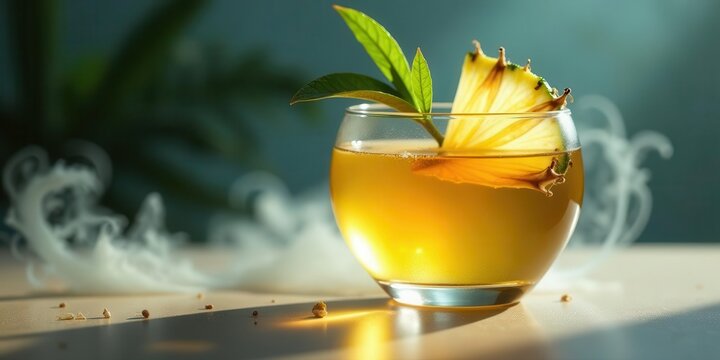A Refreshing Golden Elixir with Tropical Pineapple and Verdant Leaf Garnish, Illuminated by Sunlight in a Crystal Glass