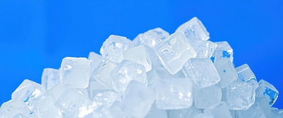 Obraz premium Close-up of finely crushed ice cubes against a vibrant blue backdrop, cold drink, isolated background, product photography