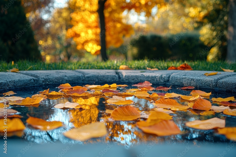 Poster colorful autumn leaves float on the surface of a tranquil pond surrounded by trees in a peaceful gar