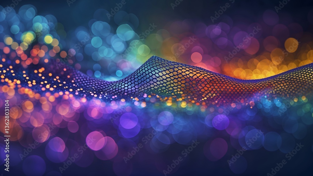 Poster vibrant abstract visuals of flowing net patterns illuminating with colorful lights in a dark backgro