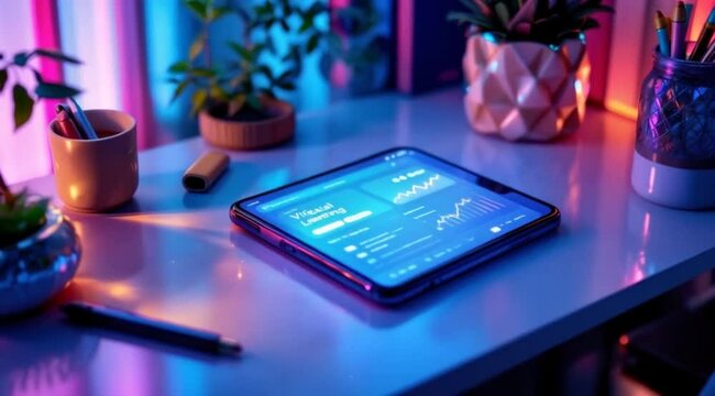 Modern foldable tablet on desk, illuminated by neon lights