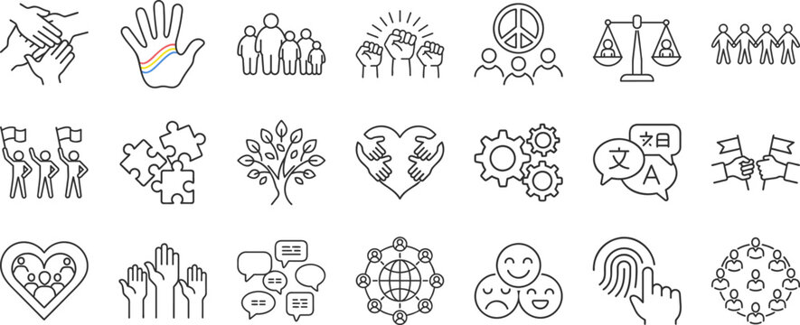 Diversity and inclusion line icon set. Vector pictograms of unity, equality, multicultural collaboration, raised fists, interconnected hands, peace thin linear illustration.