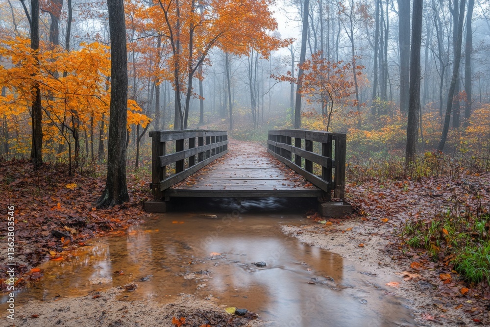 Poster autumn fog blankets a serene woodland path with a wooden bridge over a small stream