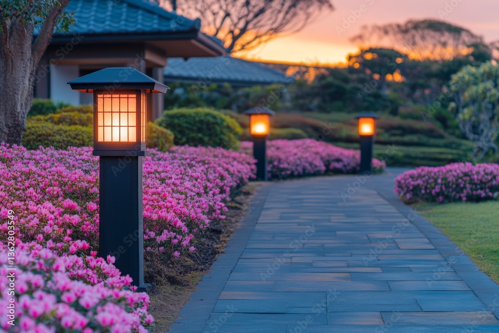 Poster elegant walkway lined with lanterns and blooming flowers at sunset in a tranquil garden setting