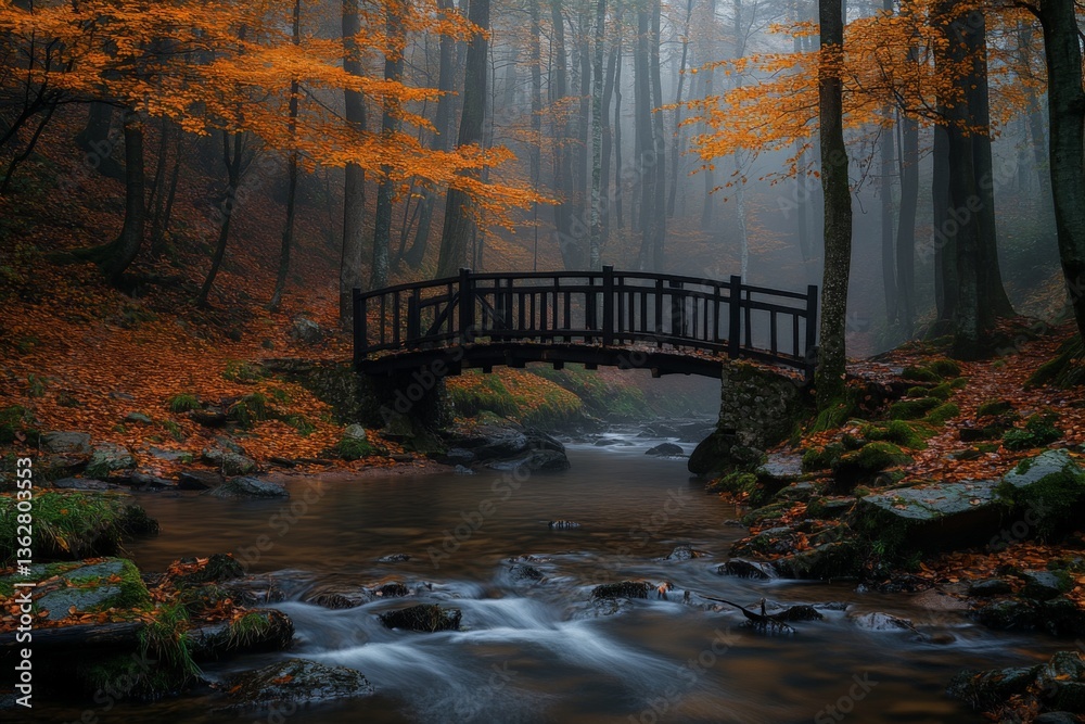 Poster tranquil autumn landscape with a wooden bridge over a misty stream in a forest setting