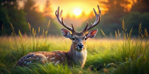 Obraz premium Yezo Sika Deer Resting in Low Light, Grassland Wildlife Photography