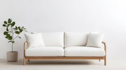 Japandi wooden luxury sofa, subtle curves, light oak frame, soft linen cushions, natural minimalist charm