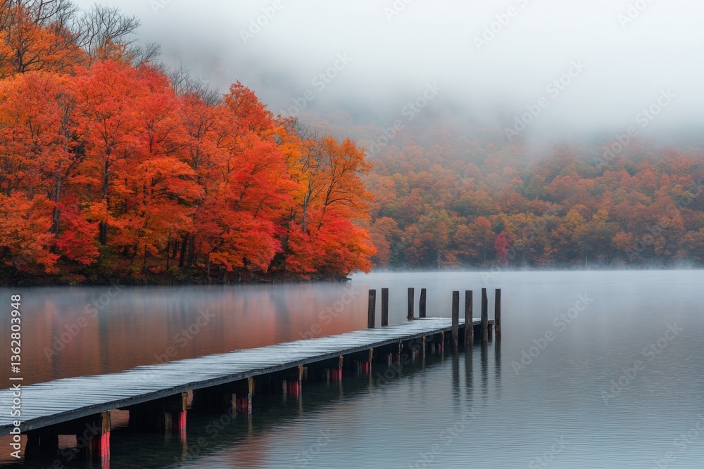 Poster quiet autumn morning by the lake with colorful trees and fog enveloping the serene landscape