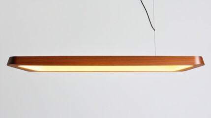 Rectangular wooden frame pendant light with warm light.