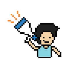 Fototapeta premium Pixel art cute cartoon character man with megaphone announcement speaker information announce decoration 8 bit male boy megaphone cartoon pixel game png vector.