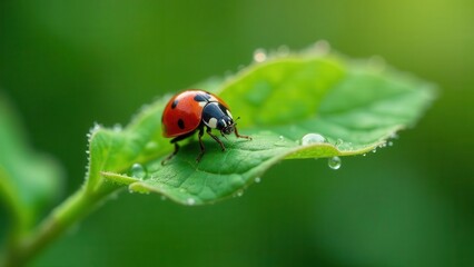Obraz premium A vibrant ladybug delicately perched on a dew-kissed leaf, showcasing nature's intricate beauty in a serene green environment