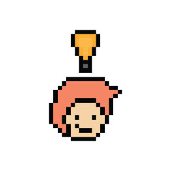 Fototapeta premium Cartoon cute character man face with light bulb idea creative think decoration pixel 8 bit male boy idea imagination cartoon pixel game png vector.