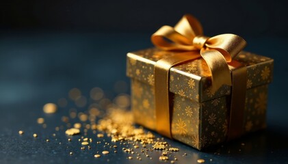 Ornate gift box filled with gold confetti and placed on a dark surface, dark surface, gift packaging