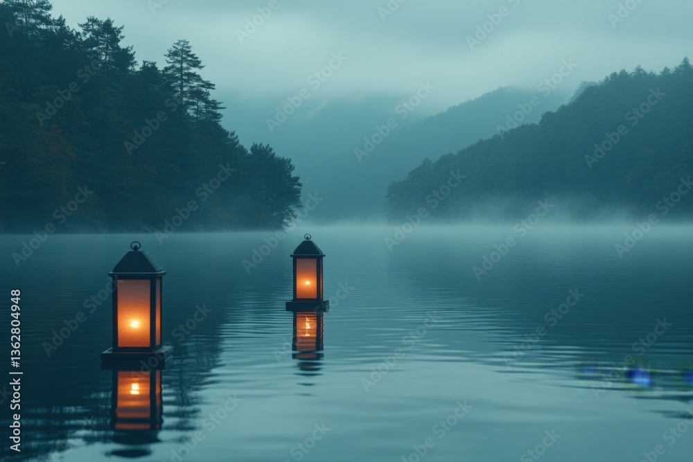 Aufkleber Serene twilight at the lake with glowing lanterns illuminating calm waters and misty mountains in the background