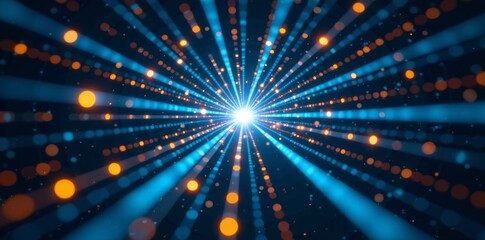 Radial blue and yellow lines emanating from a central optical fiber hub , yellow, abstract